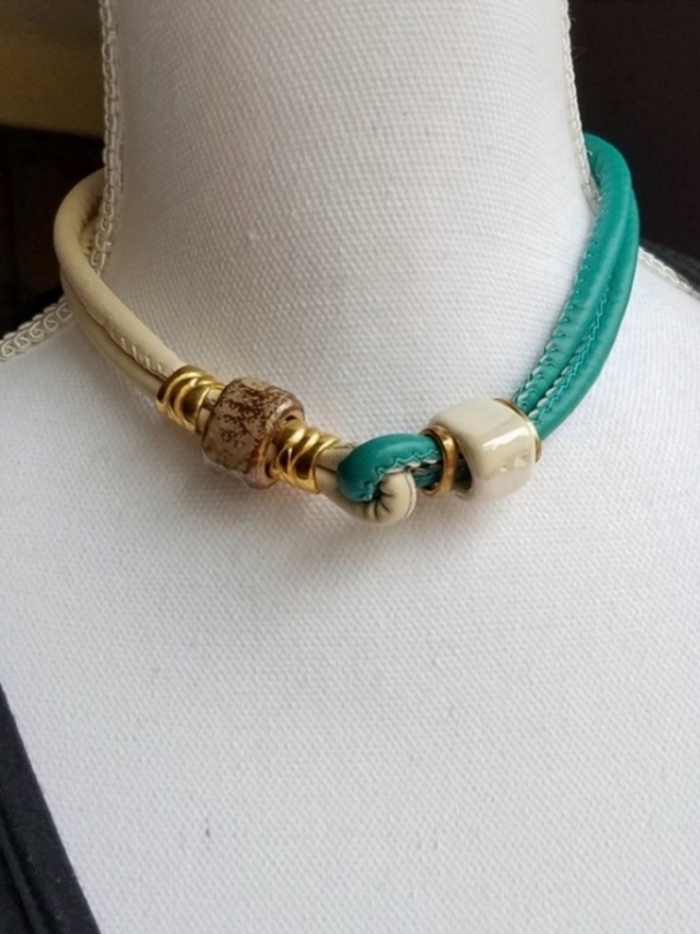 Faux Leather Ceramic Bead Mixed Media Choker Contemporary Necklace Handmade NEW